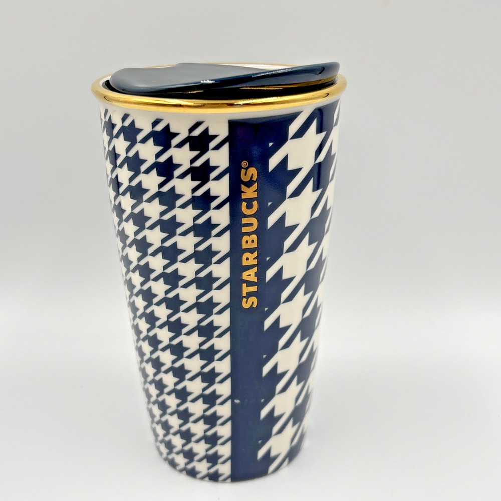 2015 Starbucks Navy Mod Houndstooth Ceramic Coffee Tumbler Gold Rim Lid 12oz